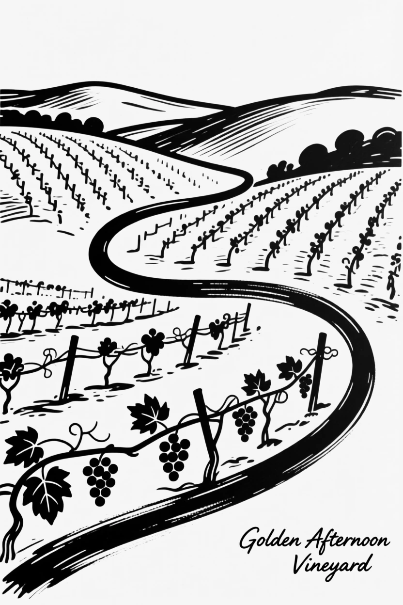 A rolling vineyard landscape under a warm golden afternoon light.