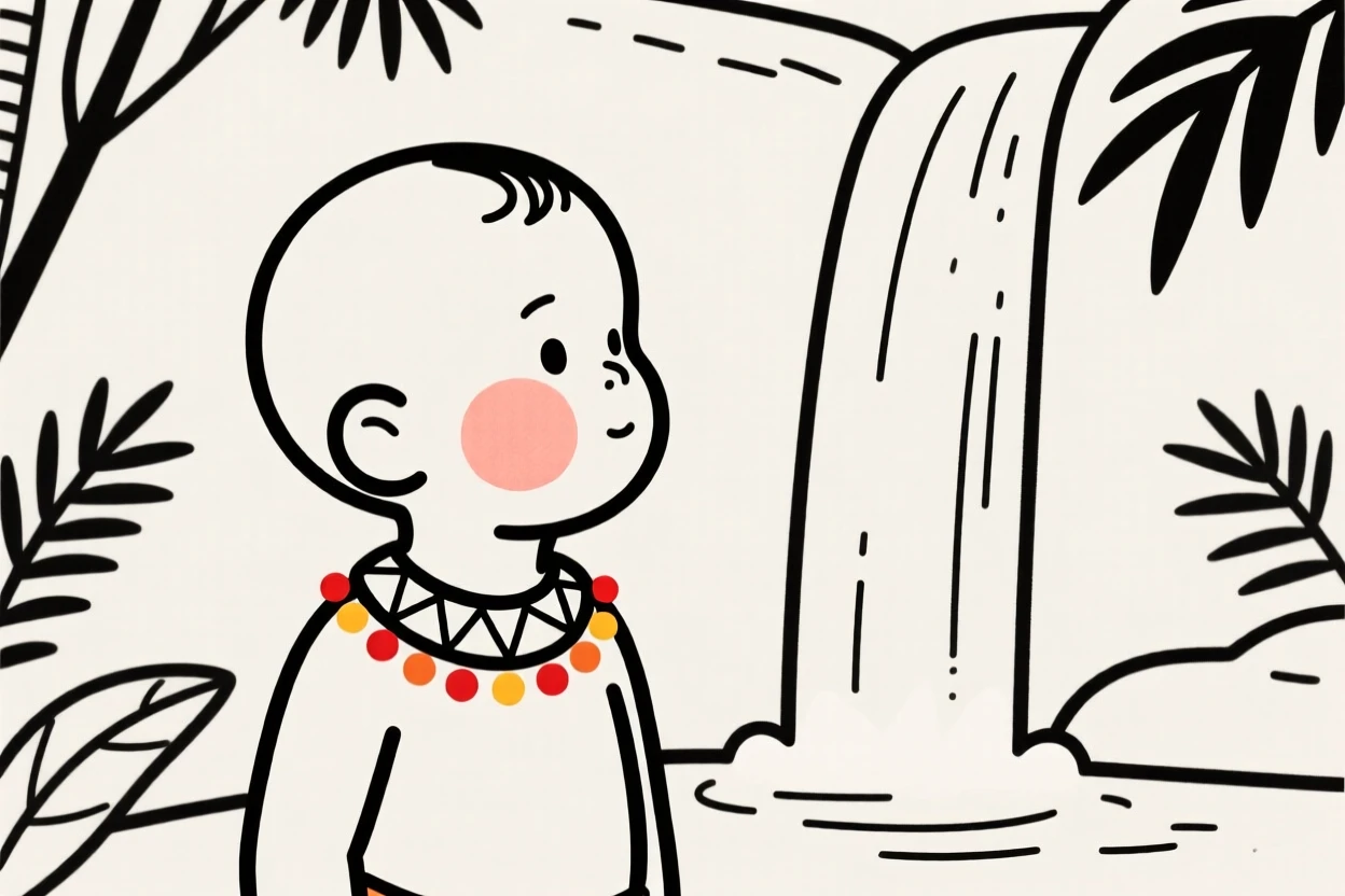 A baby boy of Moroccan heritage wearing a Maasai beaded collar, gazing thoughtfully into the distance, by a waterfall in the jungle.