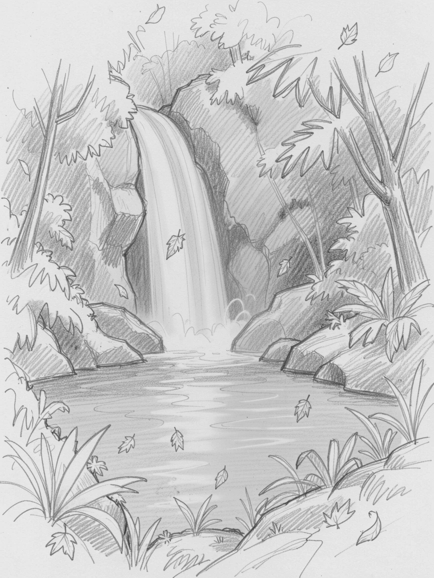 Sweeping landscape of a hidden jungle waterfall pool under the soft blue light of twilight, with autumn leaves drifting on the breeze.