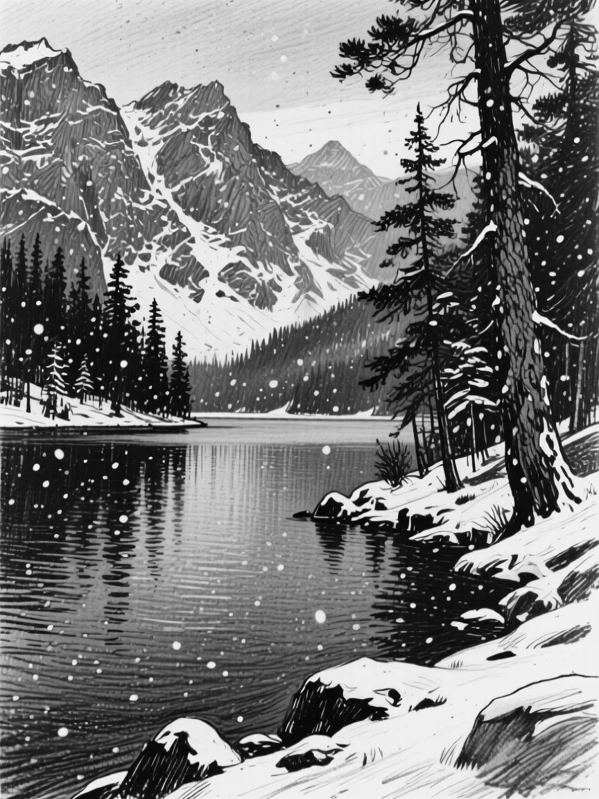 A tranquil alpine lake as a light snow begins to fall.