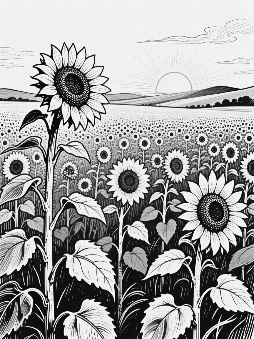 A vast field of sunflowers turned toward the setting sun.