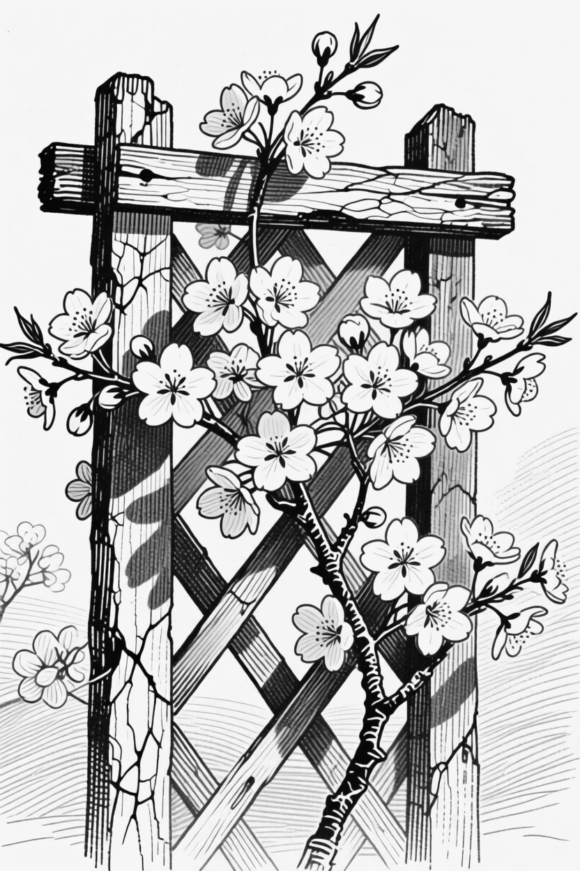 A spray of cherry blossoms climbing up a weathered trellis, with soft shadows falling across the petals, composed in a softly nostalgic still-life arrangement.