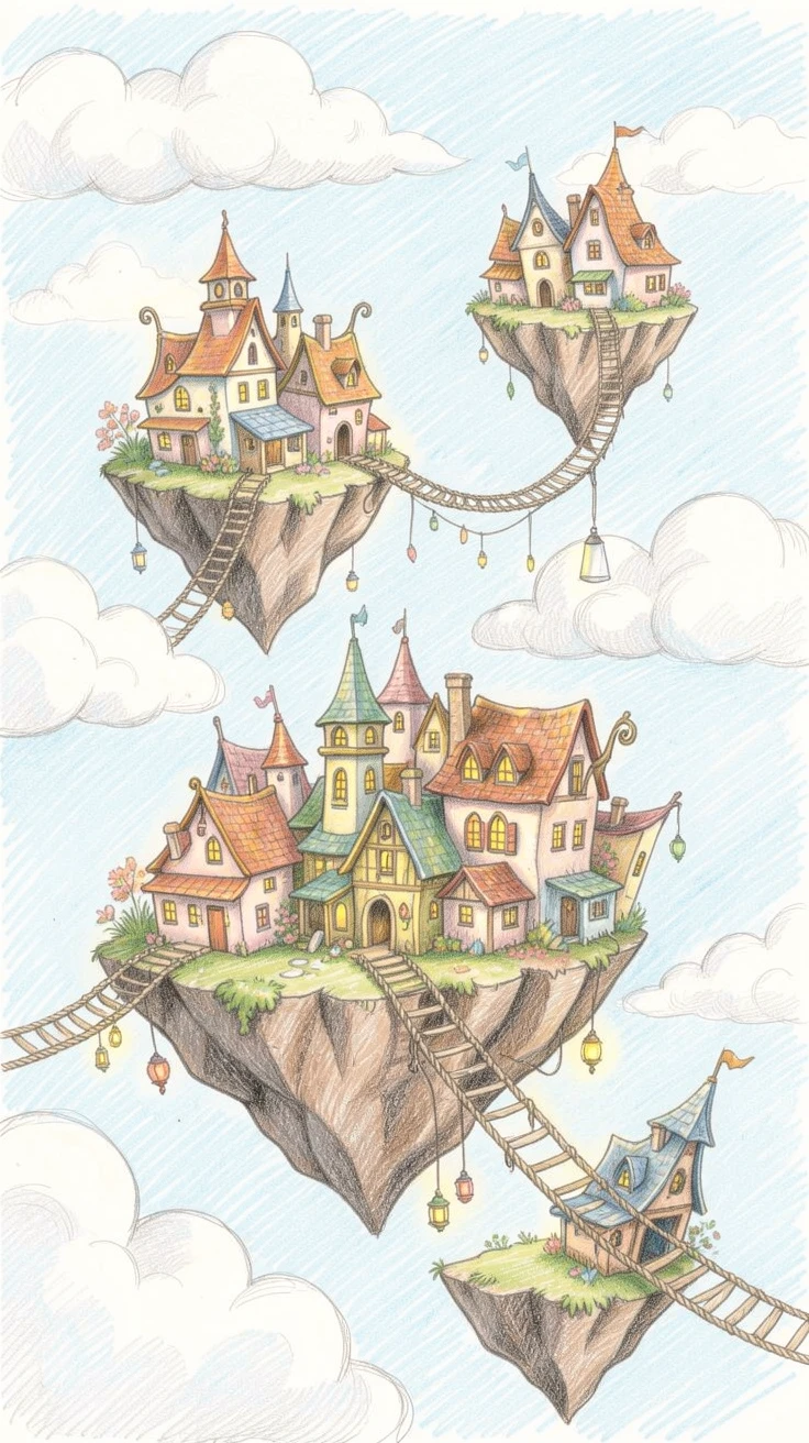 A floating island city connected by delicate rope bridges, with intricate, whimsical details throughout the scene, designed to feel enchanting, dreamy, and otherworldly.