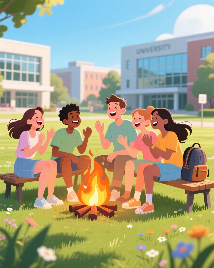 A group of friends laughing together around a bonfire, on a sunny university campus lawn, composed with gentle motion blur suggesting playful movement, with a sense of warmth and togetherness in every detail.