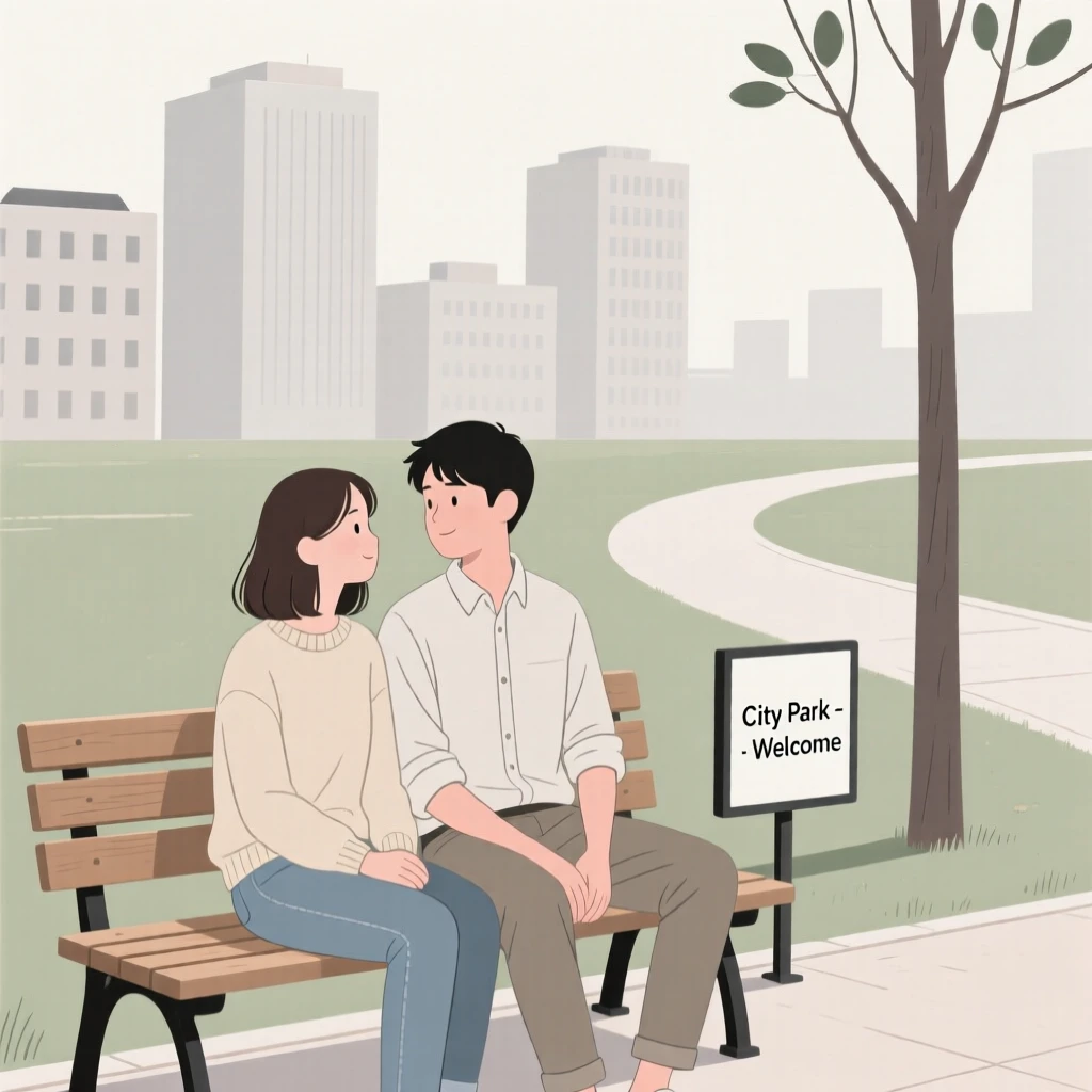 A young couple people-watching from a bench on a quiet weekday morning in the city.