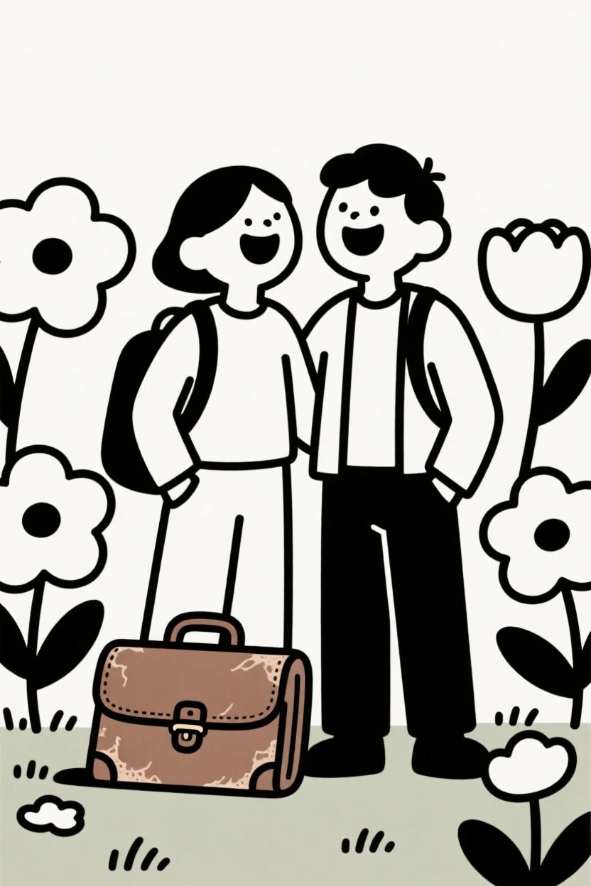 A traveler laughing together in a garden in bloom, surrounded by a worn leather satchel, conveying nostalgic comfort.