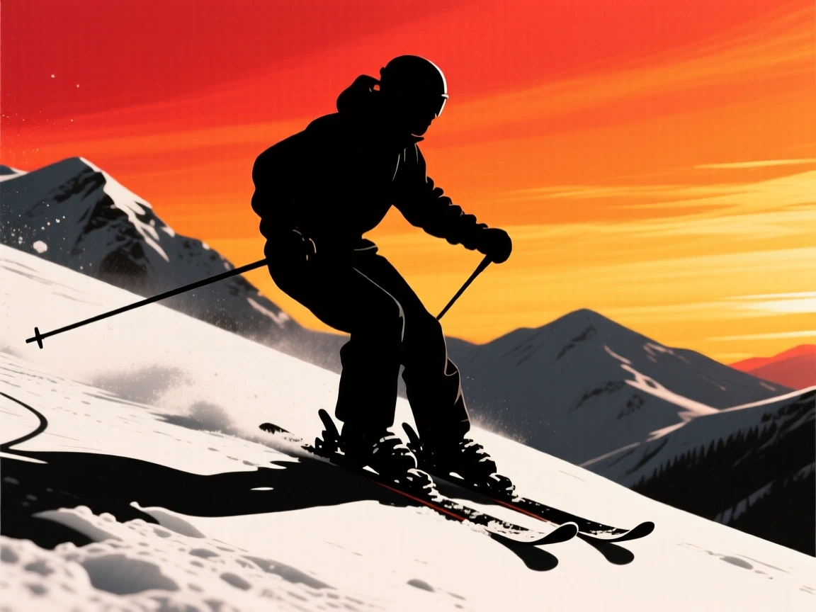 A skier carving fresh tracks down a powdery mountain slope.