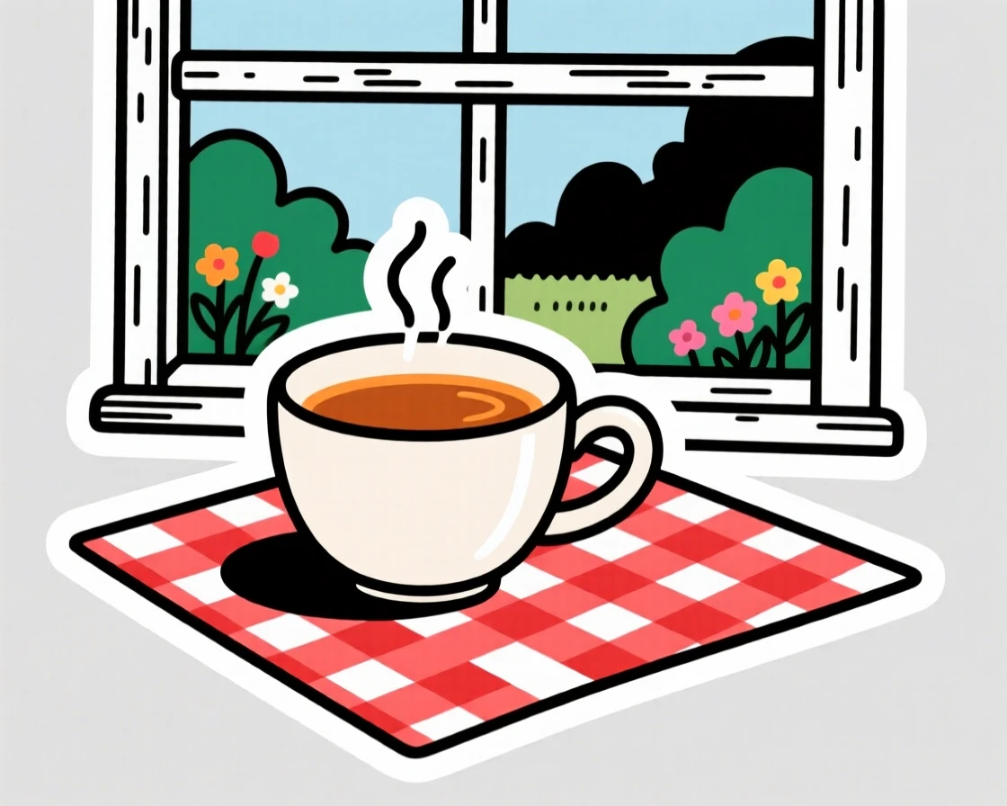 A timeless cup of herbal tea, resting atop a checkered picnic cloth, by a large window overlooking a garden.