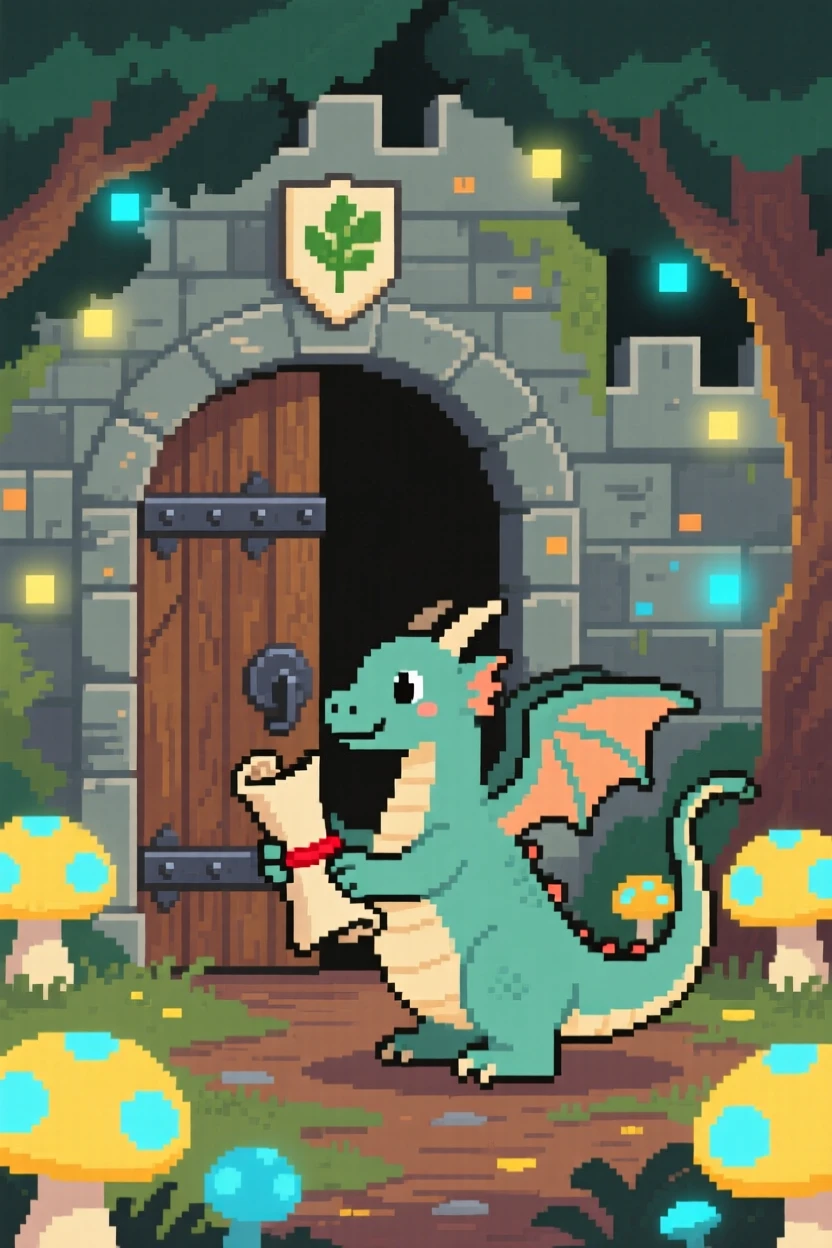 A gentle forest dragon delivering a scroll to a castle gate, beneath a canopy of glowing mushrooms.