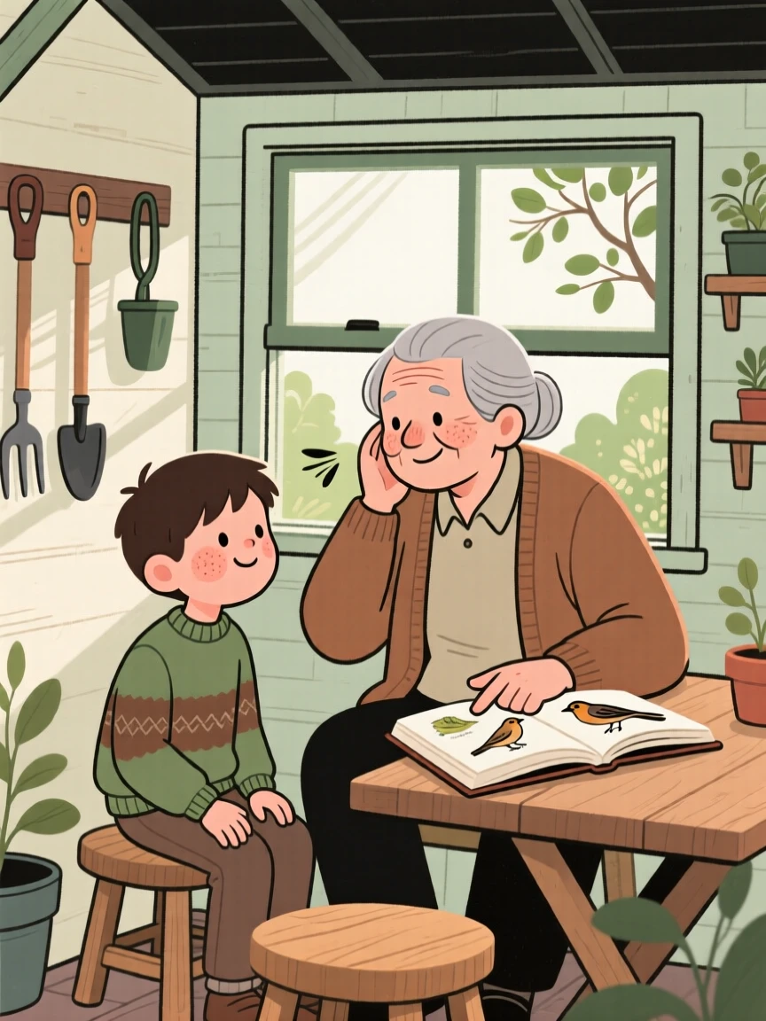 A grandparent shows a eager grandson how to identify birds by their calls in the garden shed, both taking their time as a light breeze moves through the trees.