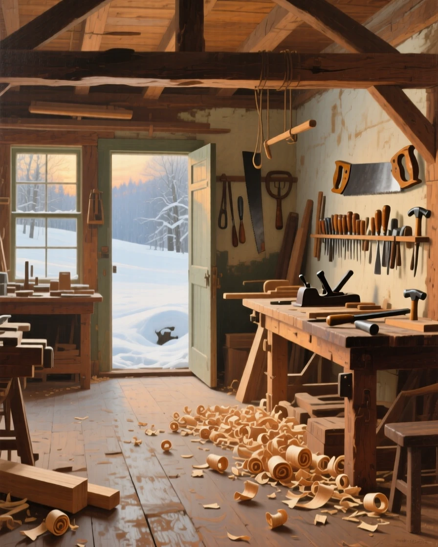 A grand panoramic scene of a carpenter's workshop with shavings scattered across the floor and tools neatly hung, under a fresh blanket of winter snow.