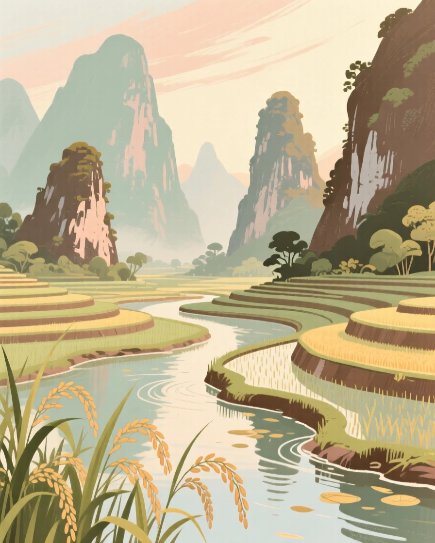 A tranquil rice valley framed by limestone karst peaks
