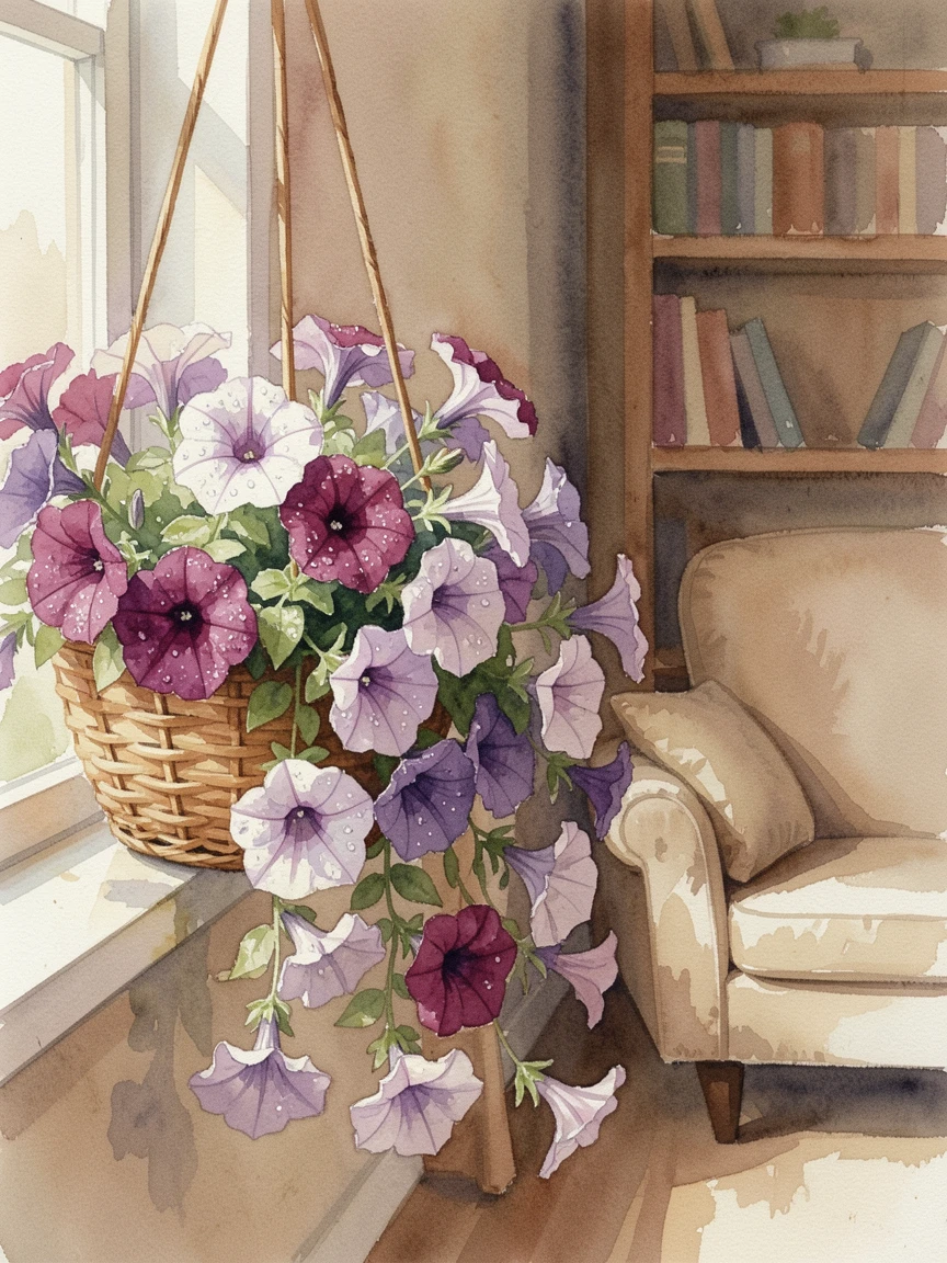 A hanging basket of trailing petunias in the corner of a cozy study with morning dew on the petals.
