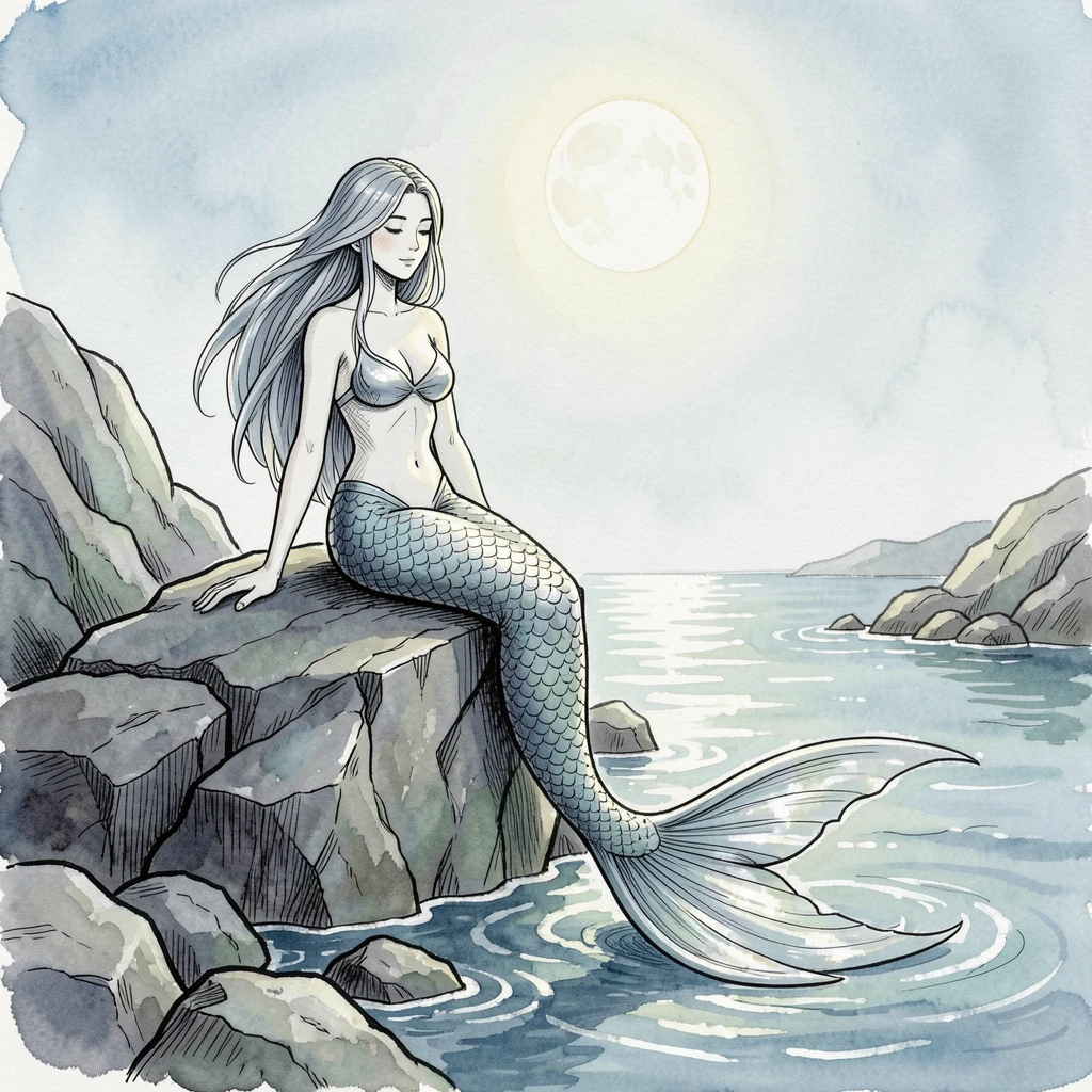 A mermaid perched on a rock at the edge of a moonlit cove, her tail catching silver light