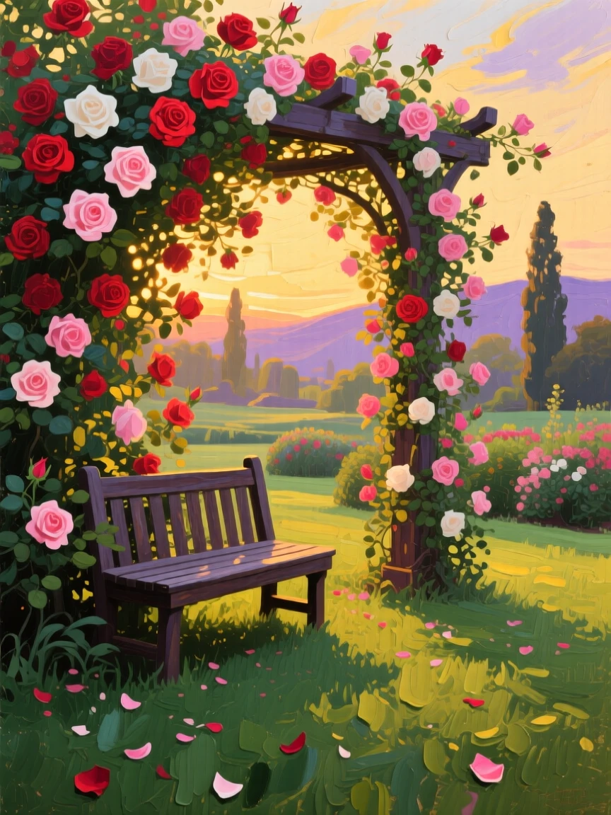 a rose-covered arbor leading to a hidden bench, in the last light before evening, with a clear foreground, subject, and distant setting.