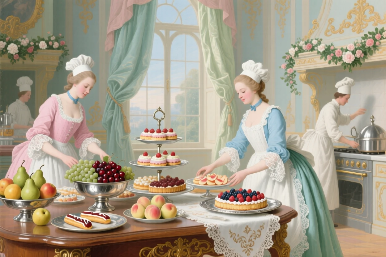 A palace kitchen arranging pastries, fruit, and silver serving dishes for a feast  