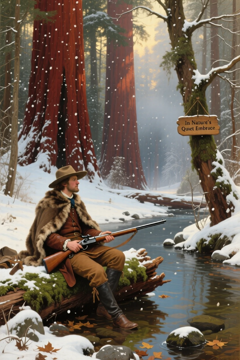A hunter rests beside a stream in a grove of towering redwoods as the first snow begins to fall.