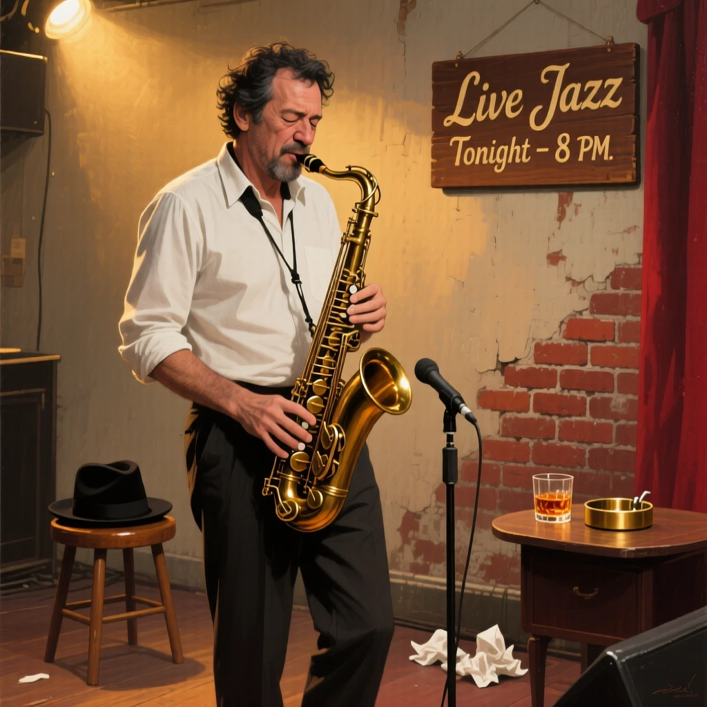 A jazz musician lost in the moment, saxophone gleaming under stage lights, surrounded by everyday details that ground the moment in reality, designed to resonate emotionally with viewers of any background