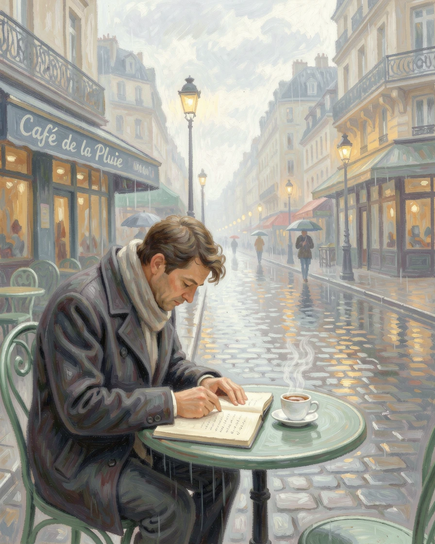 A poet writing at a café table overlooking a rain-slicked Parisian street, an open notebook and cup of coffee before him.