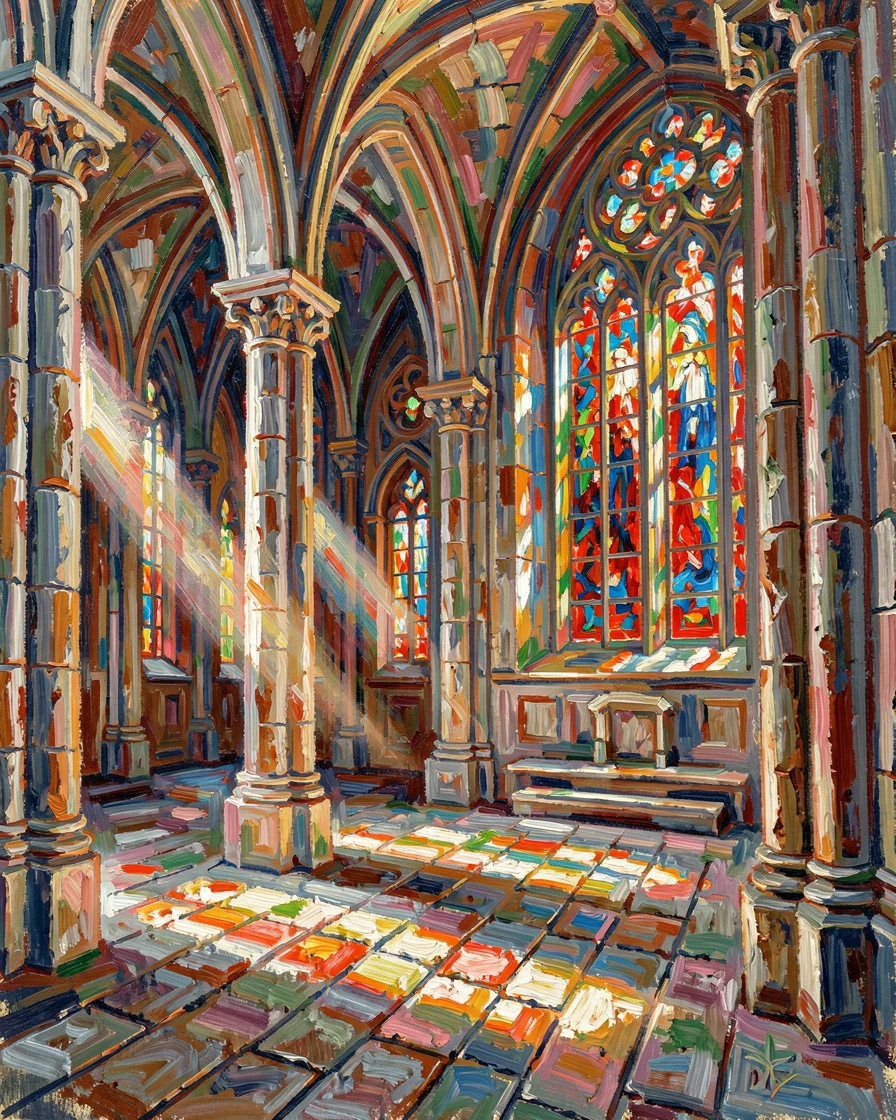 A grand cathedral interior with light streaming through stained glass windows onto worn stone floors.