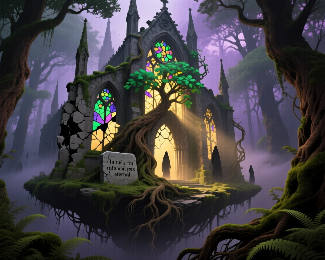 A ruined cathedral with trees growing through its shattered windows rests peacefully, reclaimed slowly by the surrounding forest, as faint golden light spills from cracks in its walls.