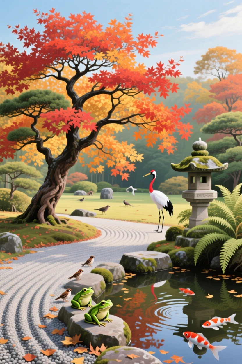 A traditional Japanese garden shows a perfectly manicured maple tree in fiery autumn color beside a raked gravel path, a stone lantern half-hidden among ferns near a small pond, with scattered wildlife visible moving quietly through the middle distance of the composition.
