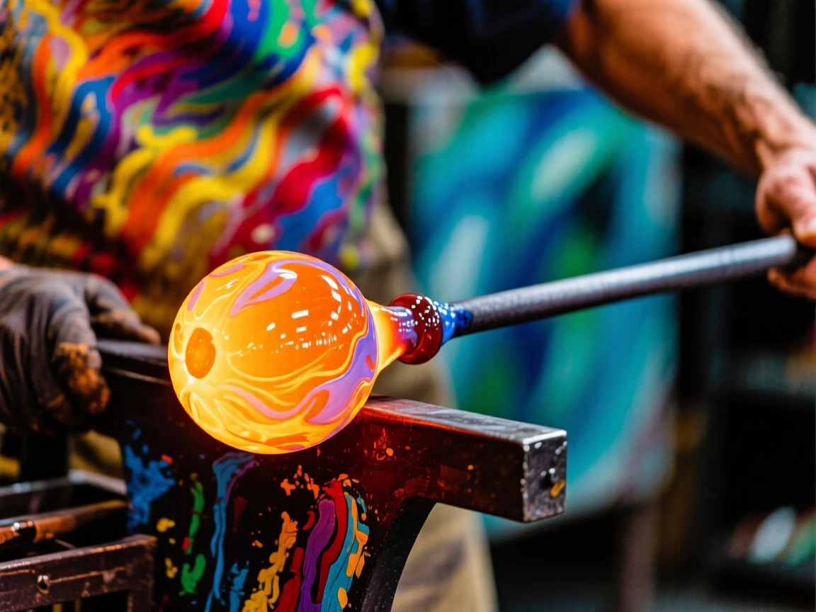 An artisan glassblower shaping a glowing molten orb at the end of a long metal rod