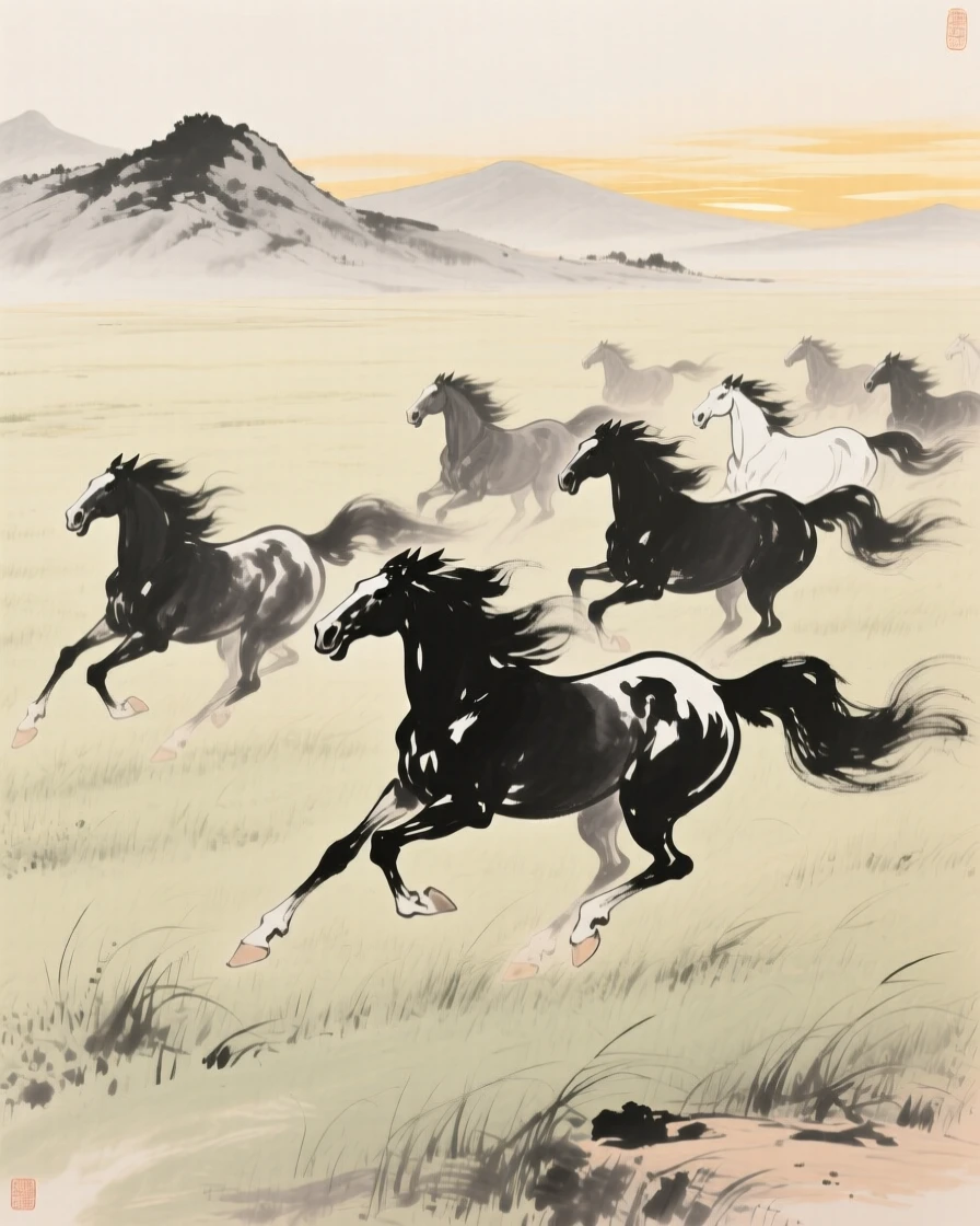 A herd of wild horses gallops across an open grassland, with distant mountains rimmed in golden light.