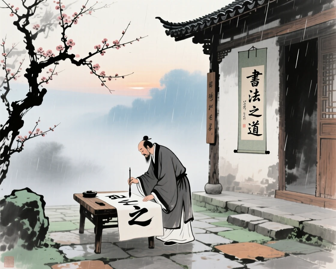 A calligrapher practicing brushstrokes in a quiet courtyard at dawn, as morning mist begins to lift, in a gentle drizzle.