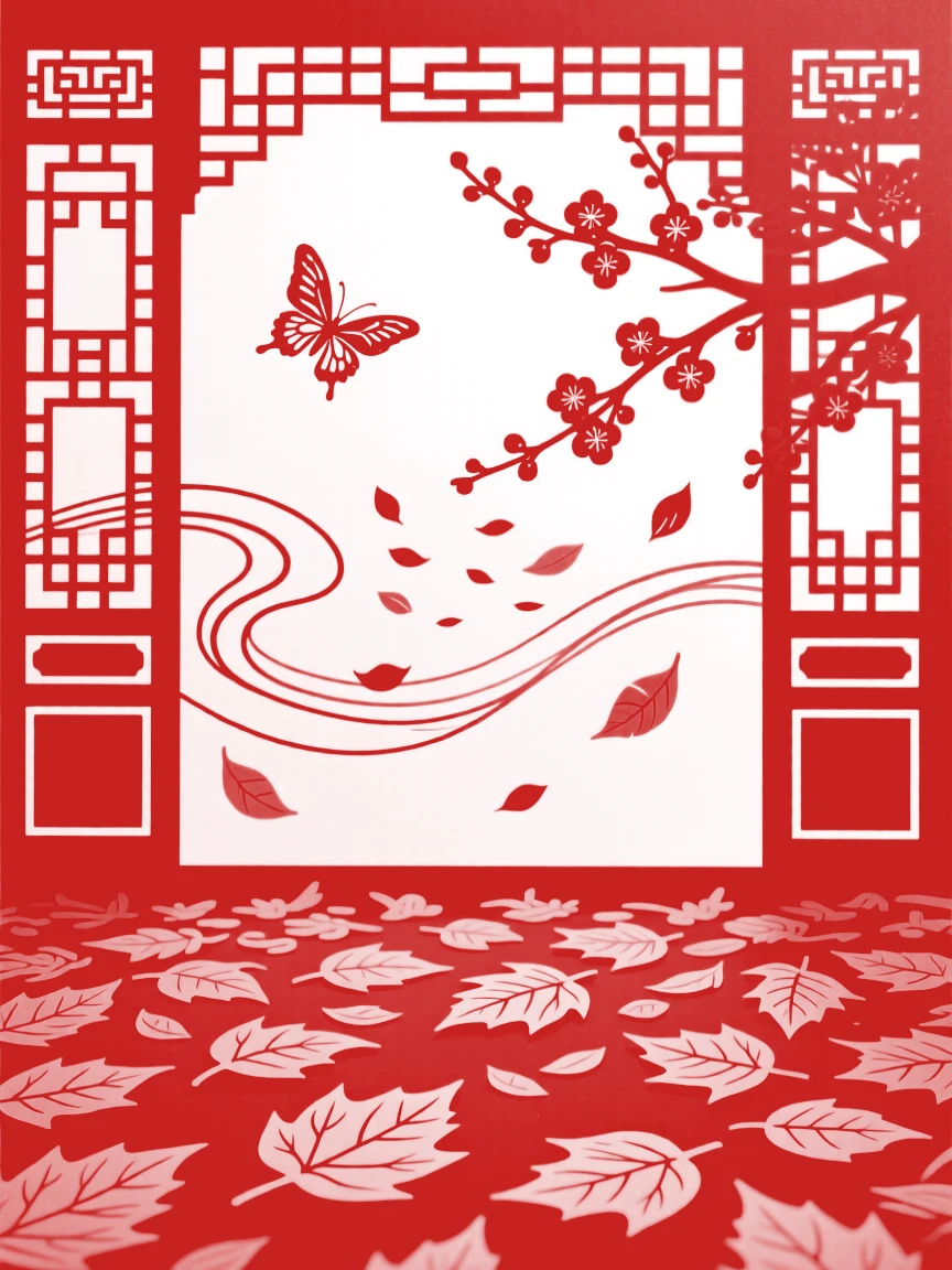 A Summer scene of a courtyard filled with golden fallen leaves, a gentle wind carrying petals or leaves across the scene.