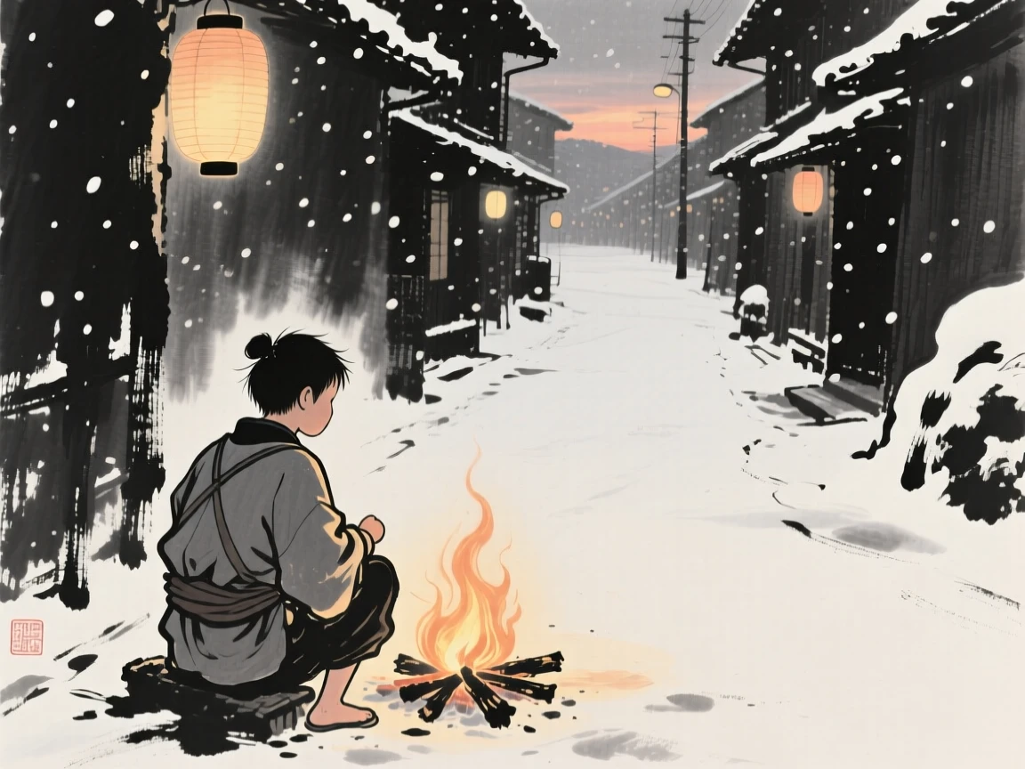 A young farmer gathering by a warm fire as snow falls outside along a lantern-lit street at dusk, seen from behind, gazing out toward the horizon, carrying a tender sense of familial warmth.