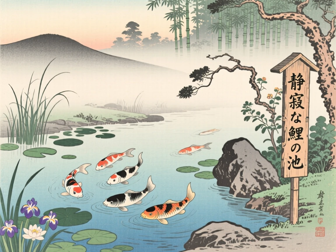 A quiet koi pond, wrapped in a gentle morning mist.