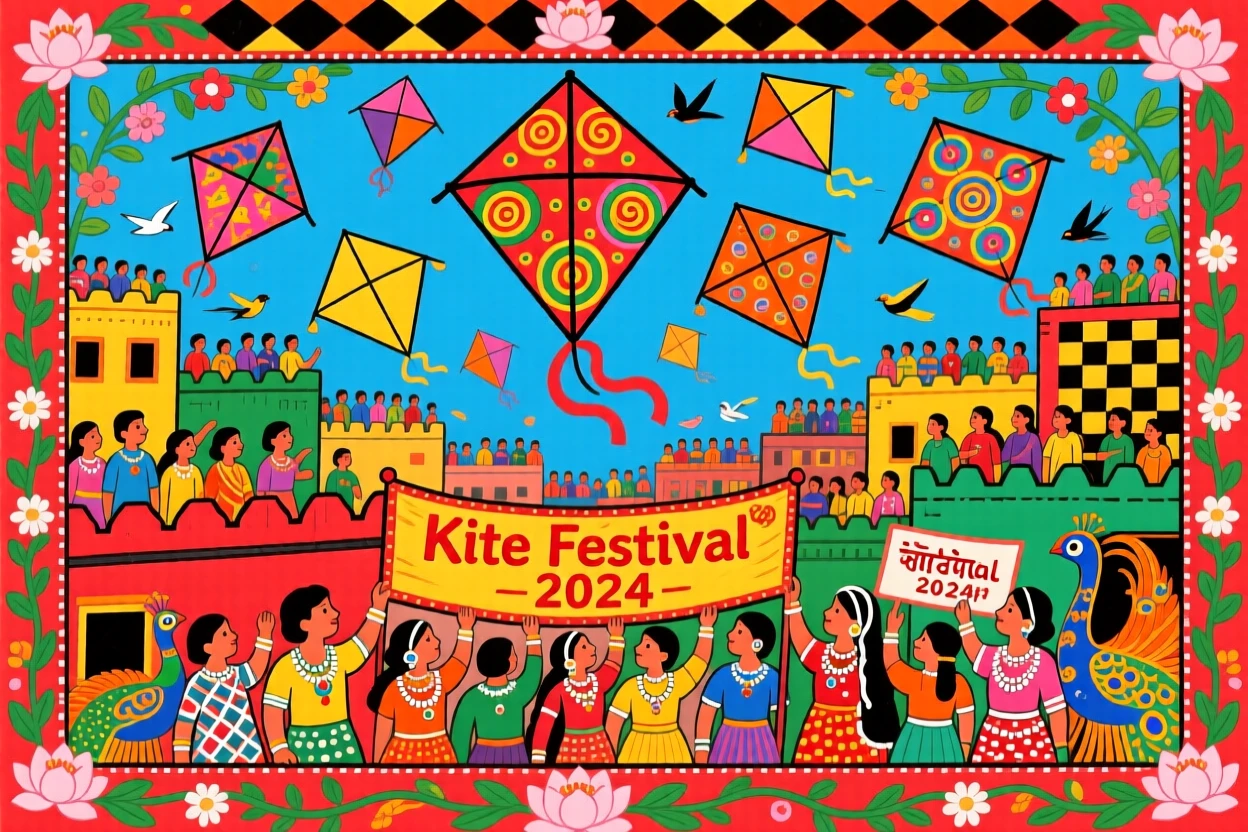 Kite festival crowds filling a rooftop skyline with color.