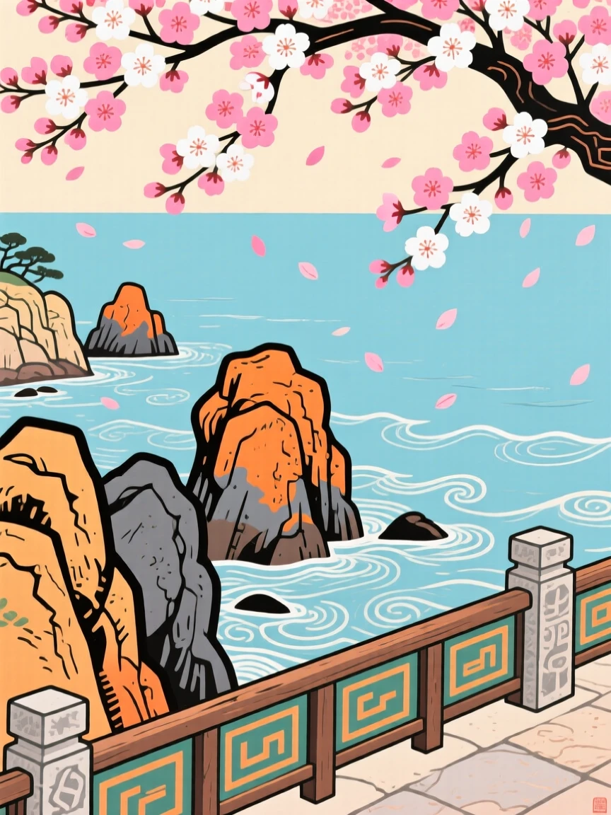 A stretch of coastline with weathered rock formations seen from a quiet overlook, as cherry blossoms fall like