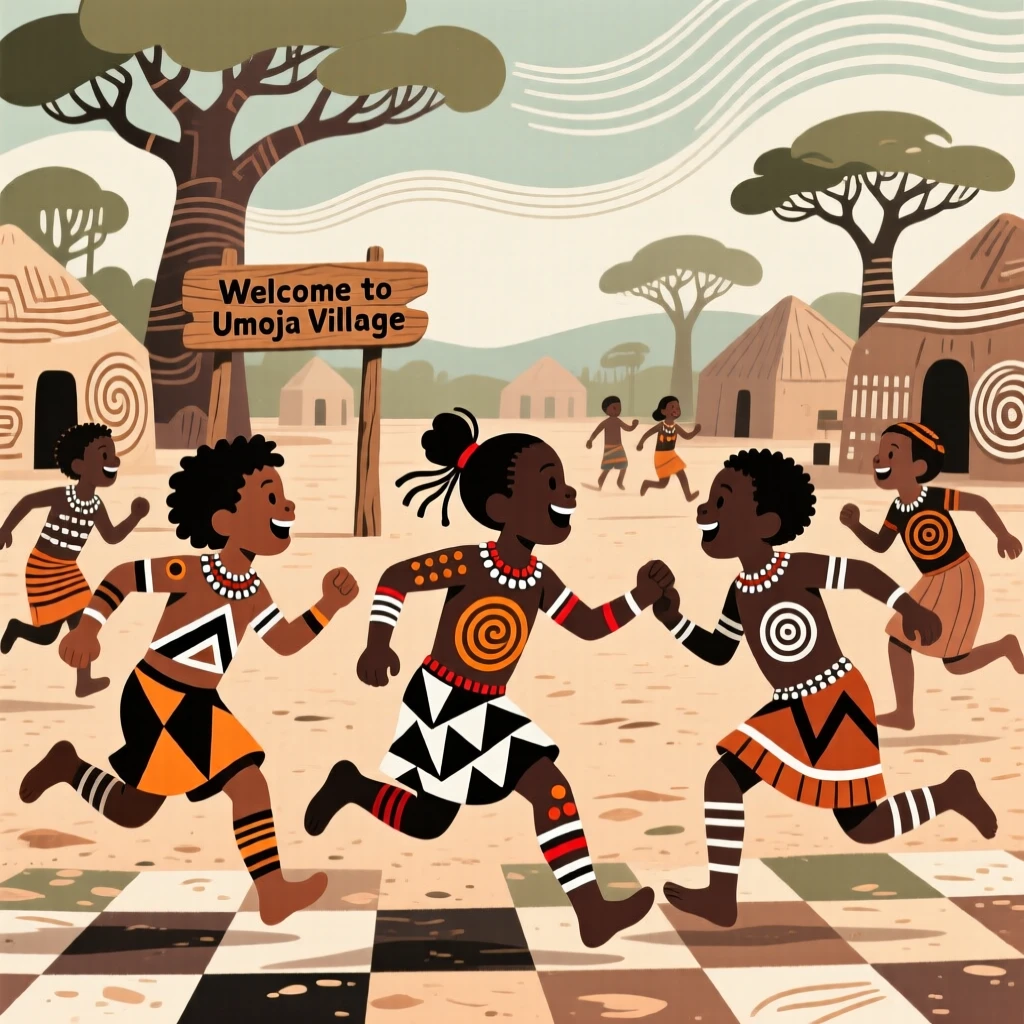 A group of children chasing each other through a village square.
