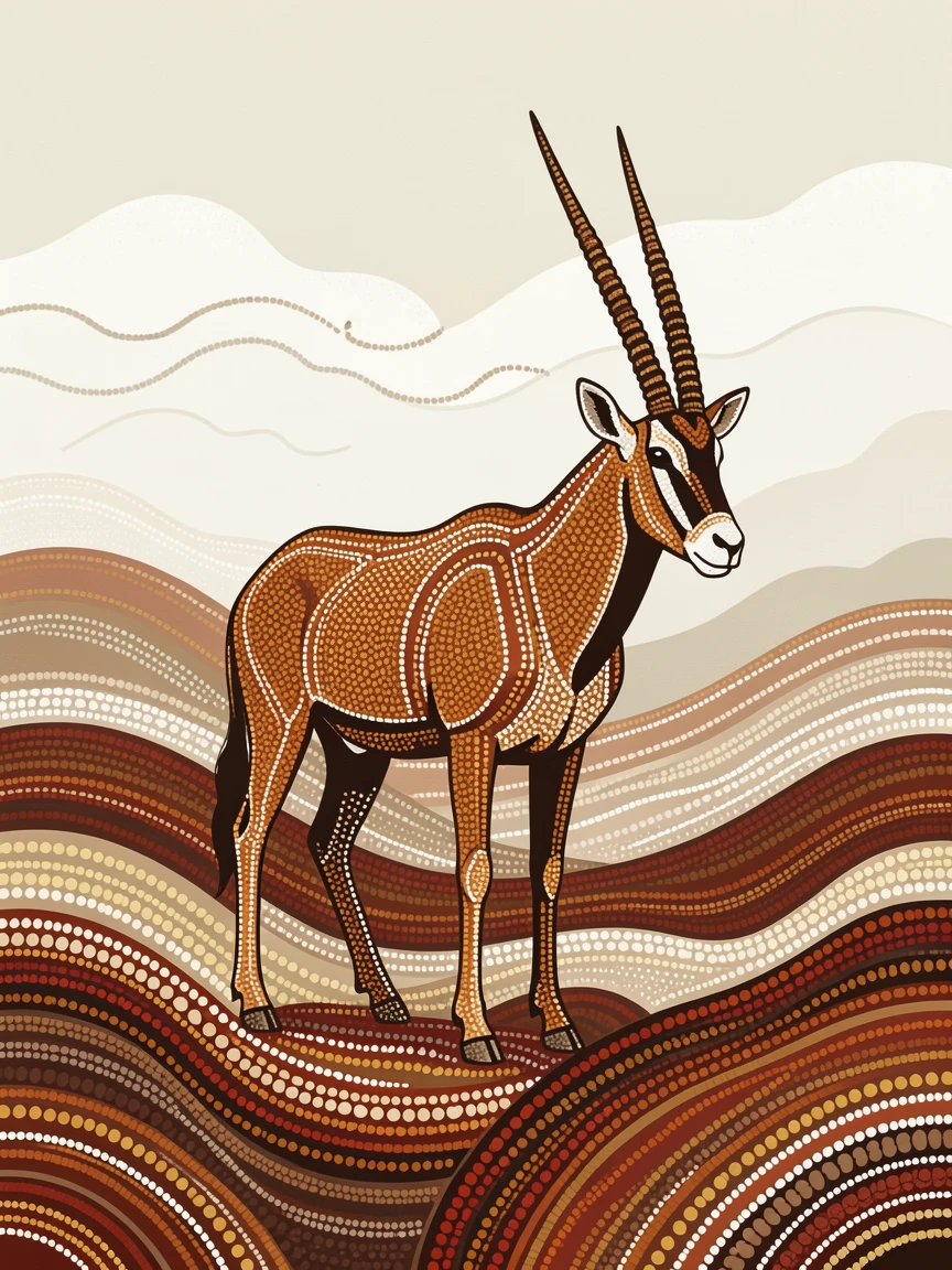 A lone oryx standing on a misty hillside
