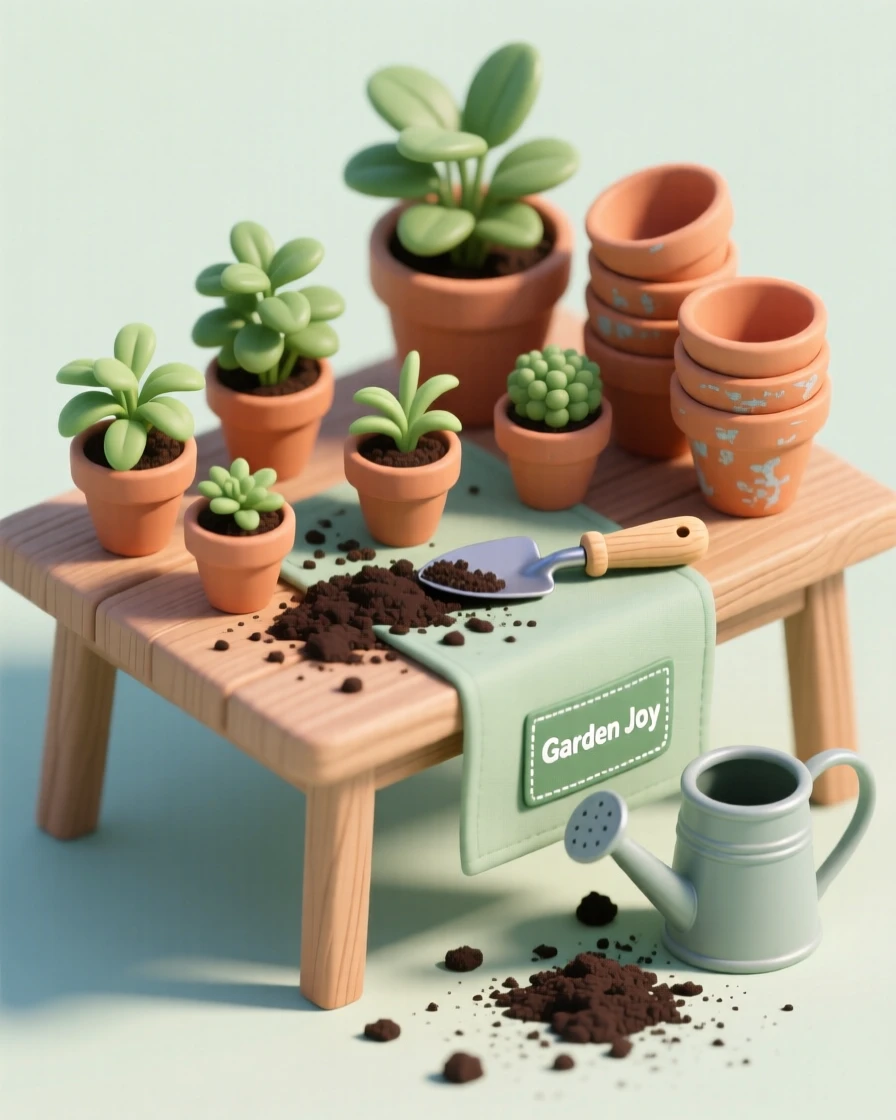 A quiet afternoon of repotting houseplants on a sunny table, terracotta pots stacked nearby, and soil scattered across a garden apron.
