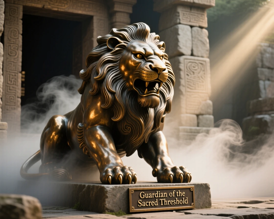 A stone lion guardian awakening at a temple entrance, surrounded by swirling mist and light, radiating awe and grandeur