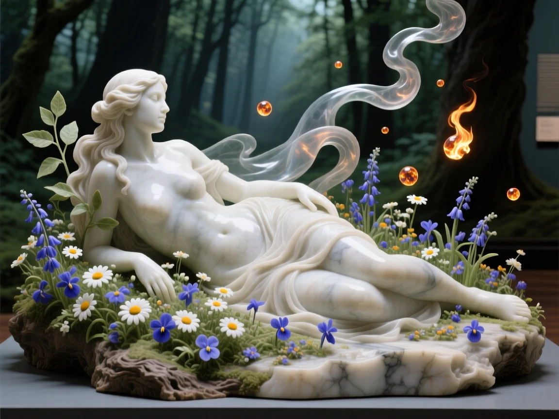 An epic scene of a forest nymph resting among wildflowers, surrounded by swirling light and floating embers, evoking myth and grandeur