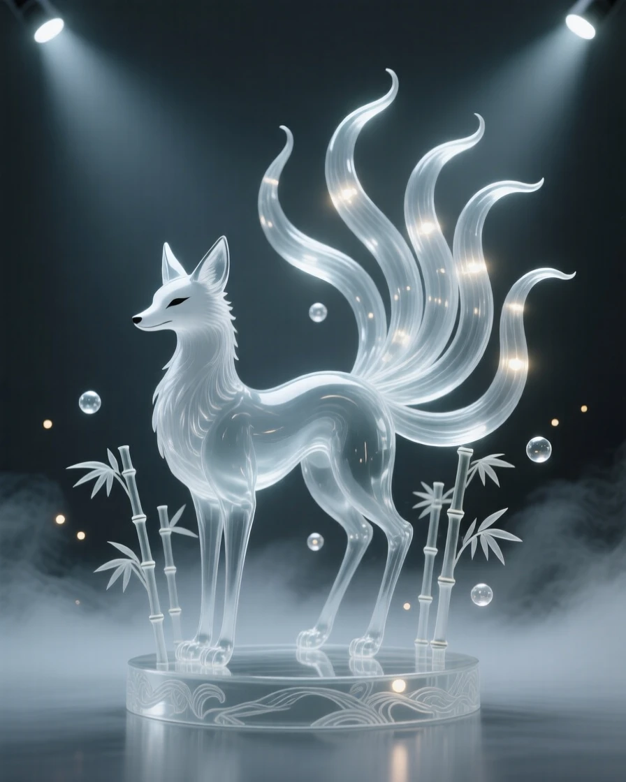 A kitsune with nine glowing tails in a bamboo forest surrounded by softly glowing particles and gentle mist, wide cinematic composition, radiating magic and serenity.
