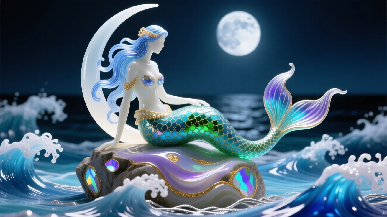 A mermaid combing her hair atop a moonlit rock amid crashing waves, enchanting and serene.