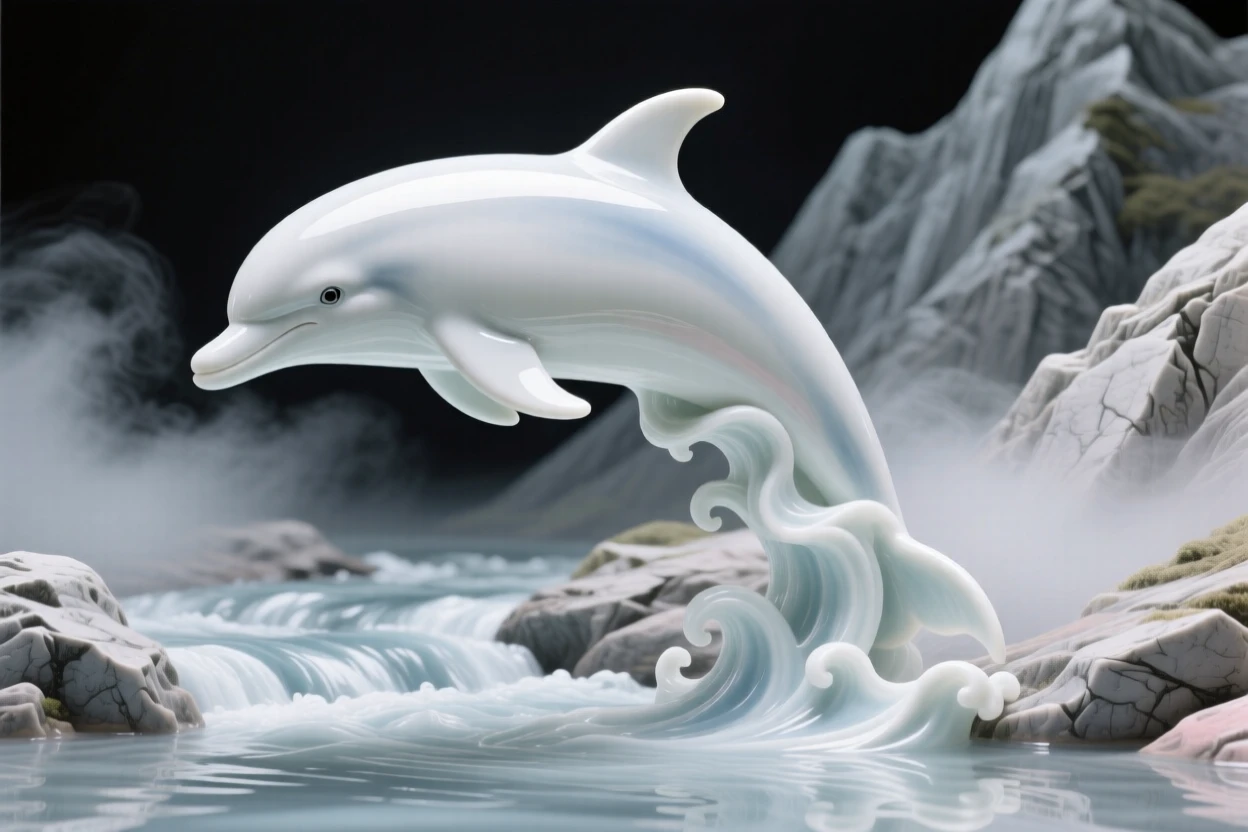 A powerful dolphin leaping over a rushing stream in a rugged mountain ridge, mist curling around its legs.