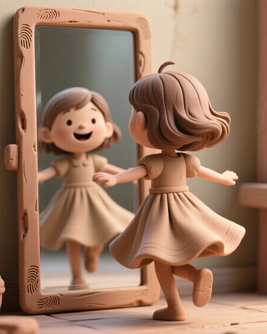 A little girl twirling in a new dress in front of a mirror