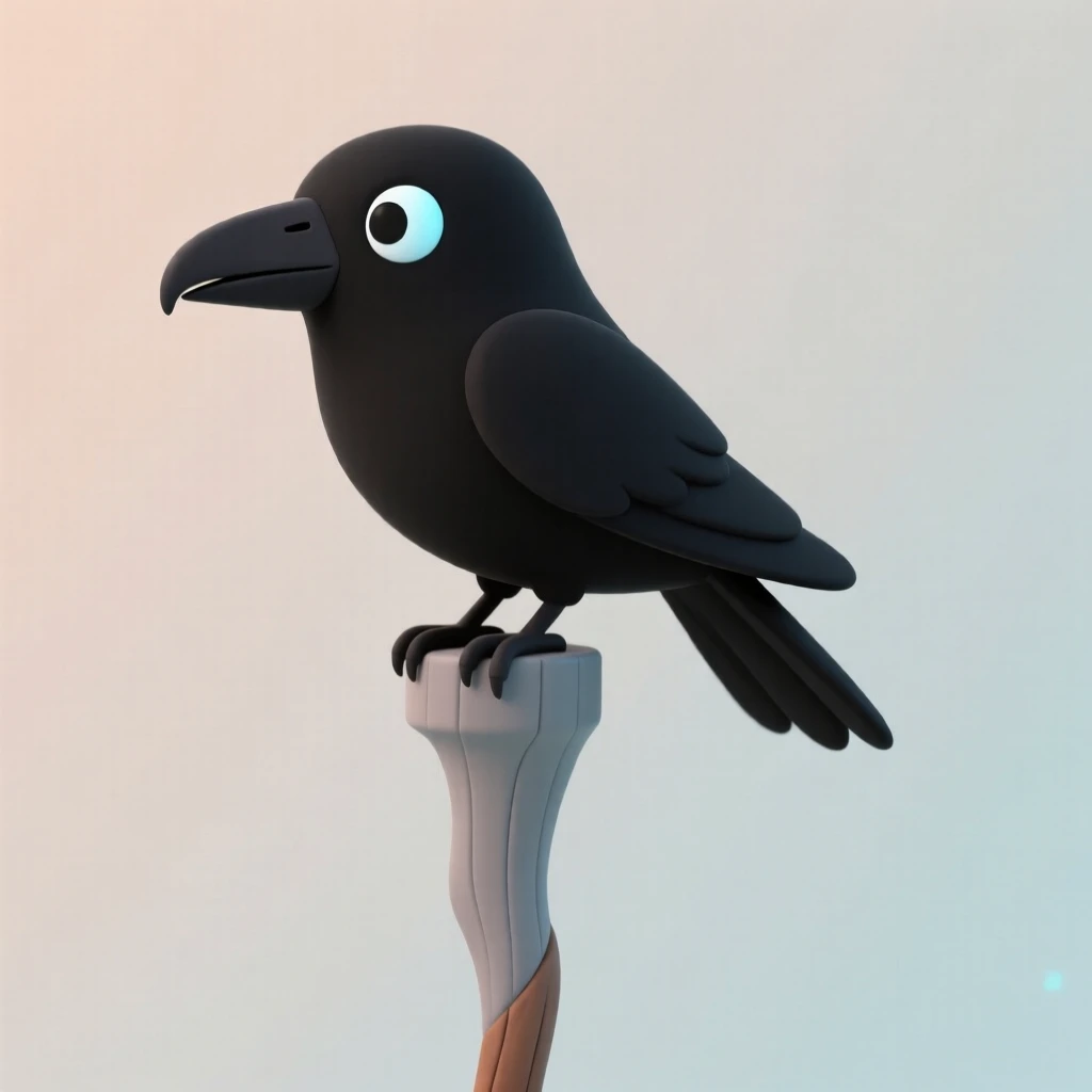 A cunning trickster raven perches on a wizard's staff, one eye glinting mischievously with hidden knowledge.