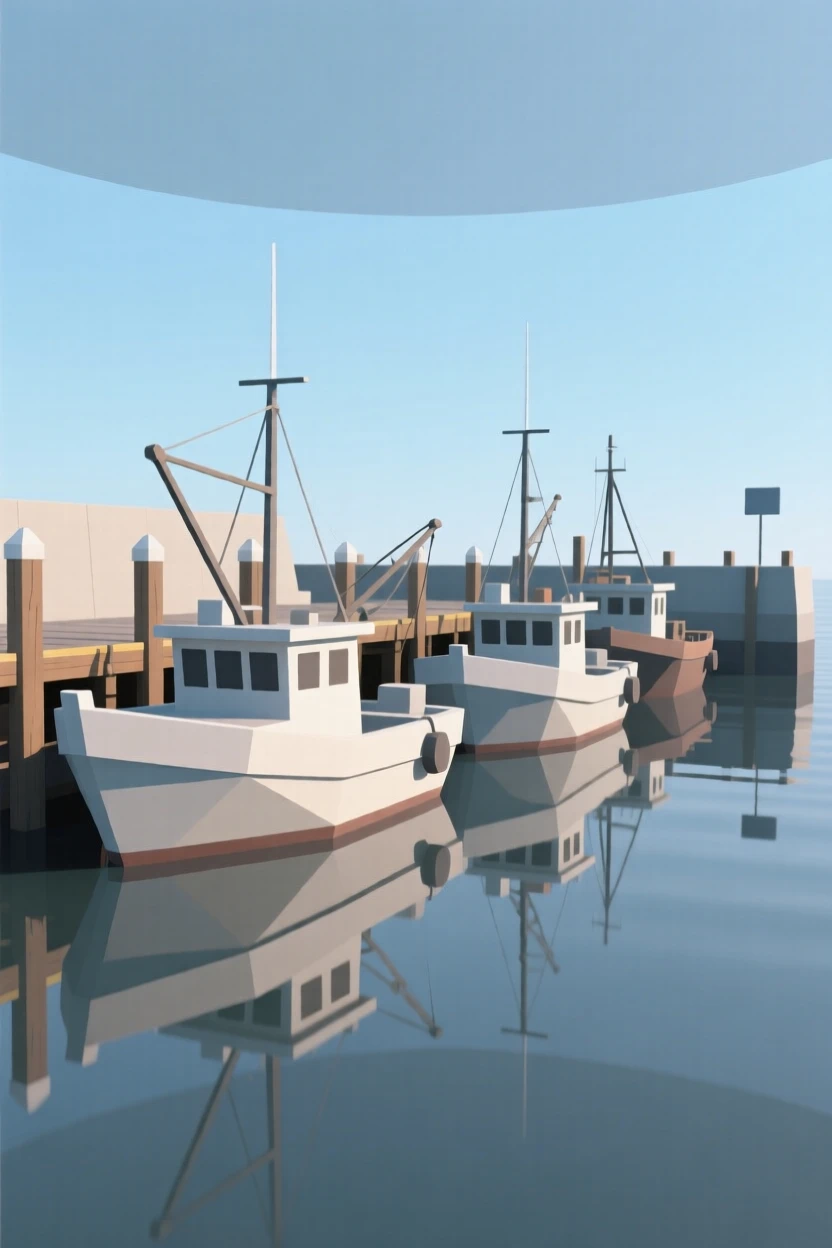 A colorful row of fishing boats docked at a harbor, beneath a clear blue midday sky. soft reflections in water double the architectural detail. A quiet grandeur fills the setting.
