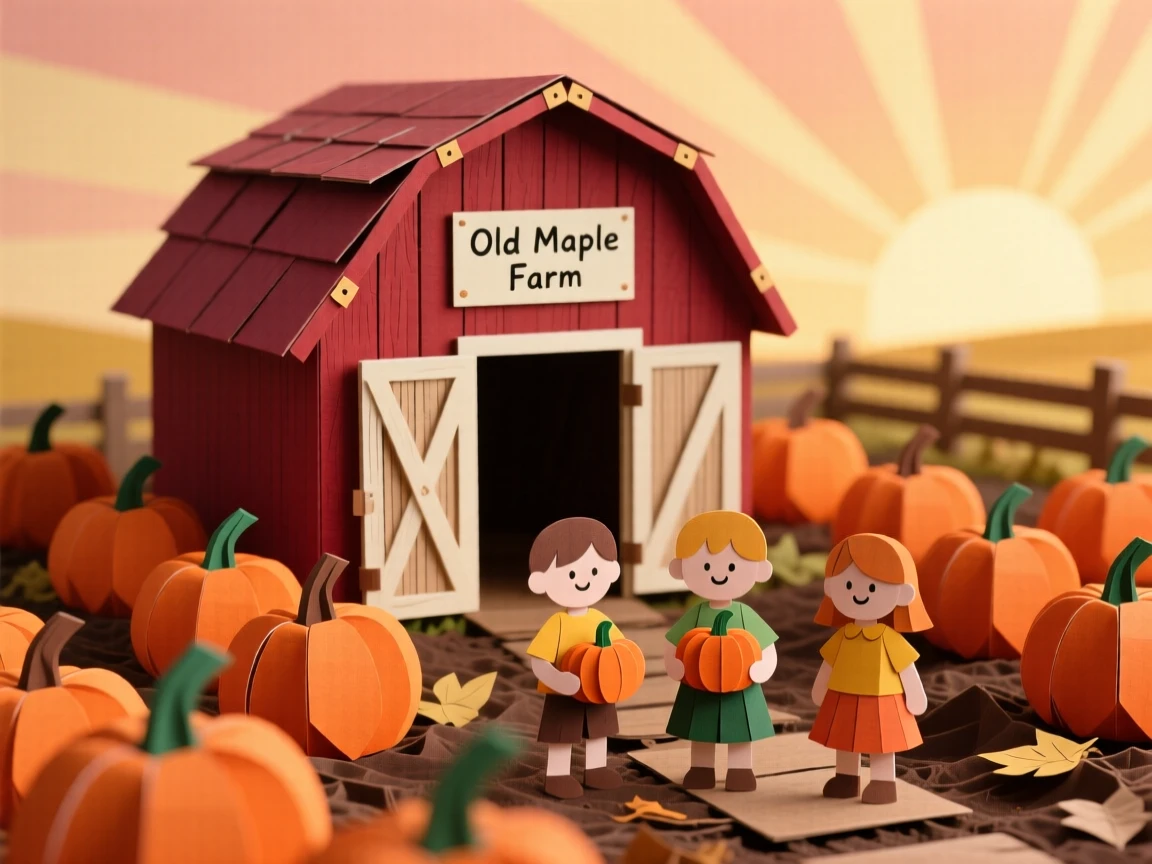 A pumpkin patch at golden hour with rows of orange pumpkins stretching toward a rustic red barn, children carrying small pumpkins home, evoking autumn festivity.