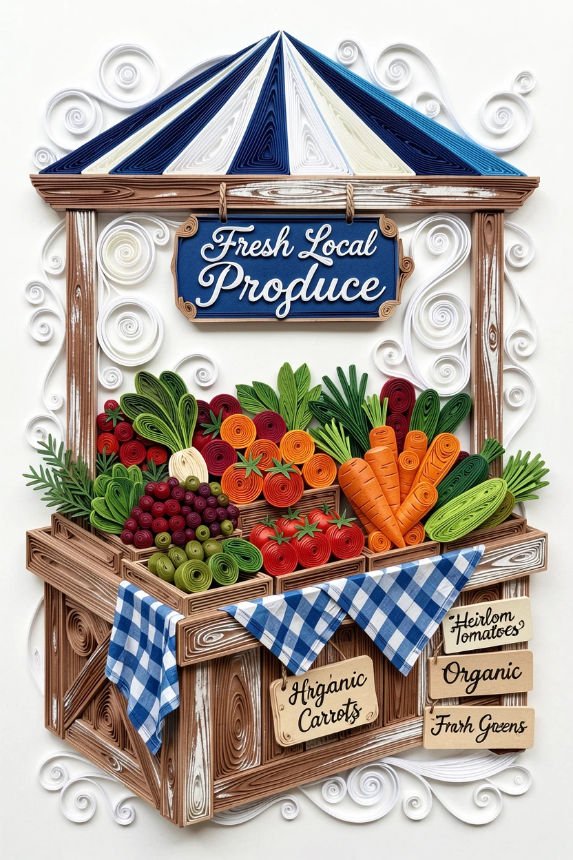 A relaxed modern lifestyle scene of a farmers market stall overflowing with fresh produce at an outdoor weekend farmers market, in bright, clean tones of blue and white, arranged with a relaxed, candid, lifestyle feel.