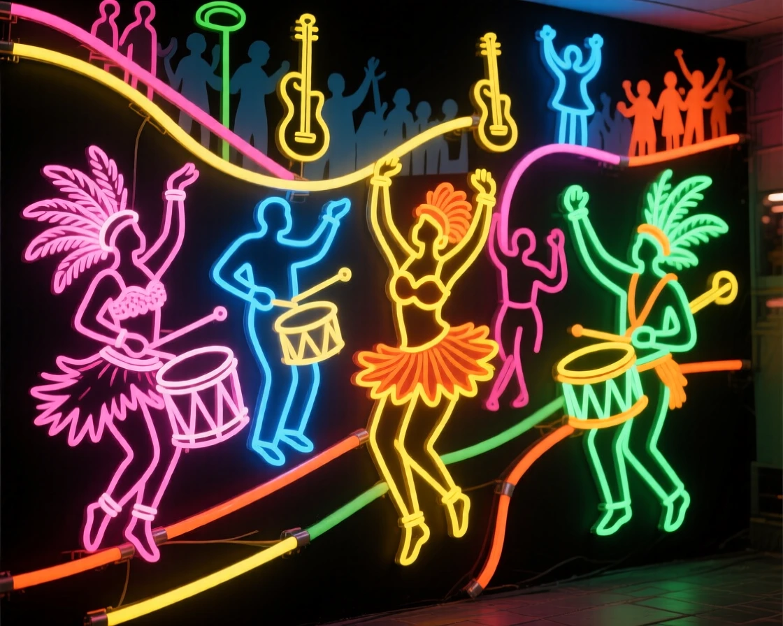 A Brazilian samba parade winding through a crowded avenue.