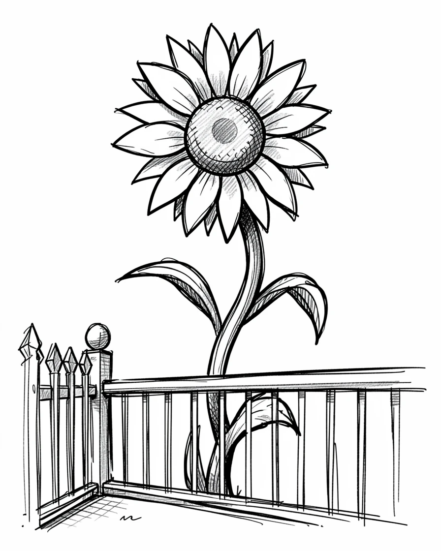 A single sunflower taller than a fence along a sunny balcony railing.