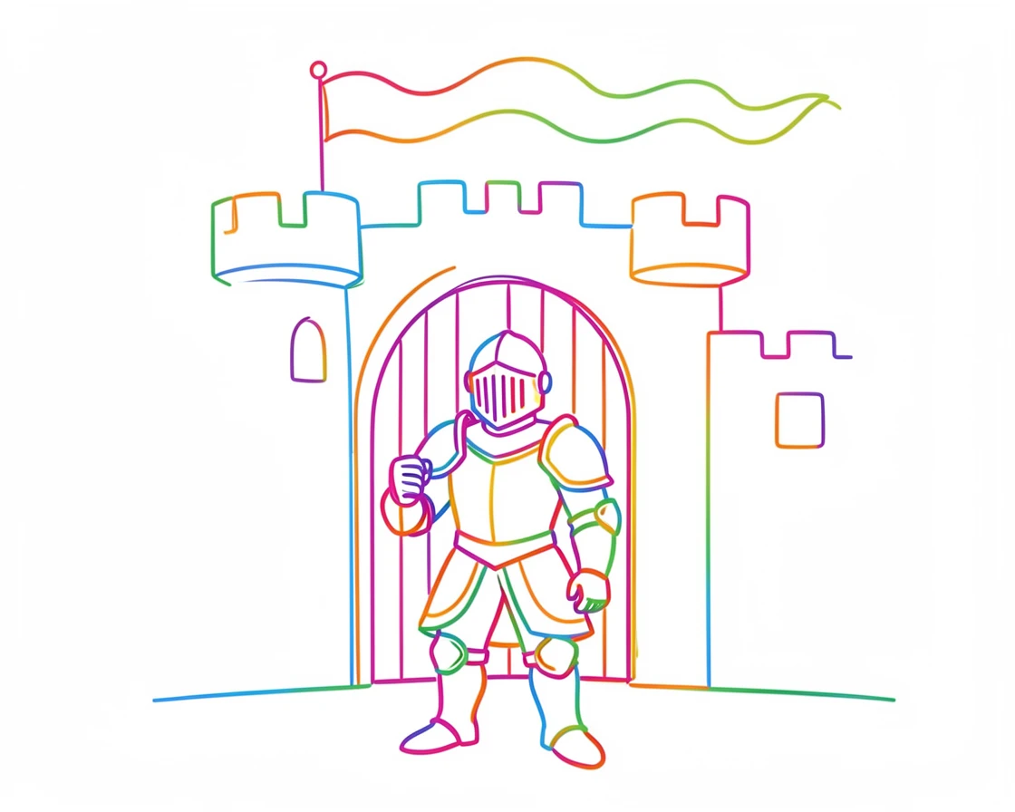 A knight standing before a castle gate, banners rippling in the wind above.